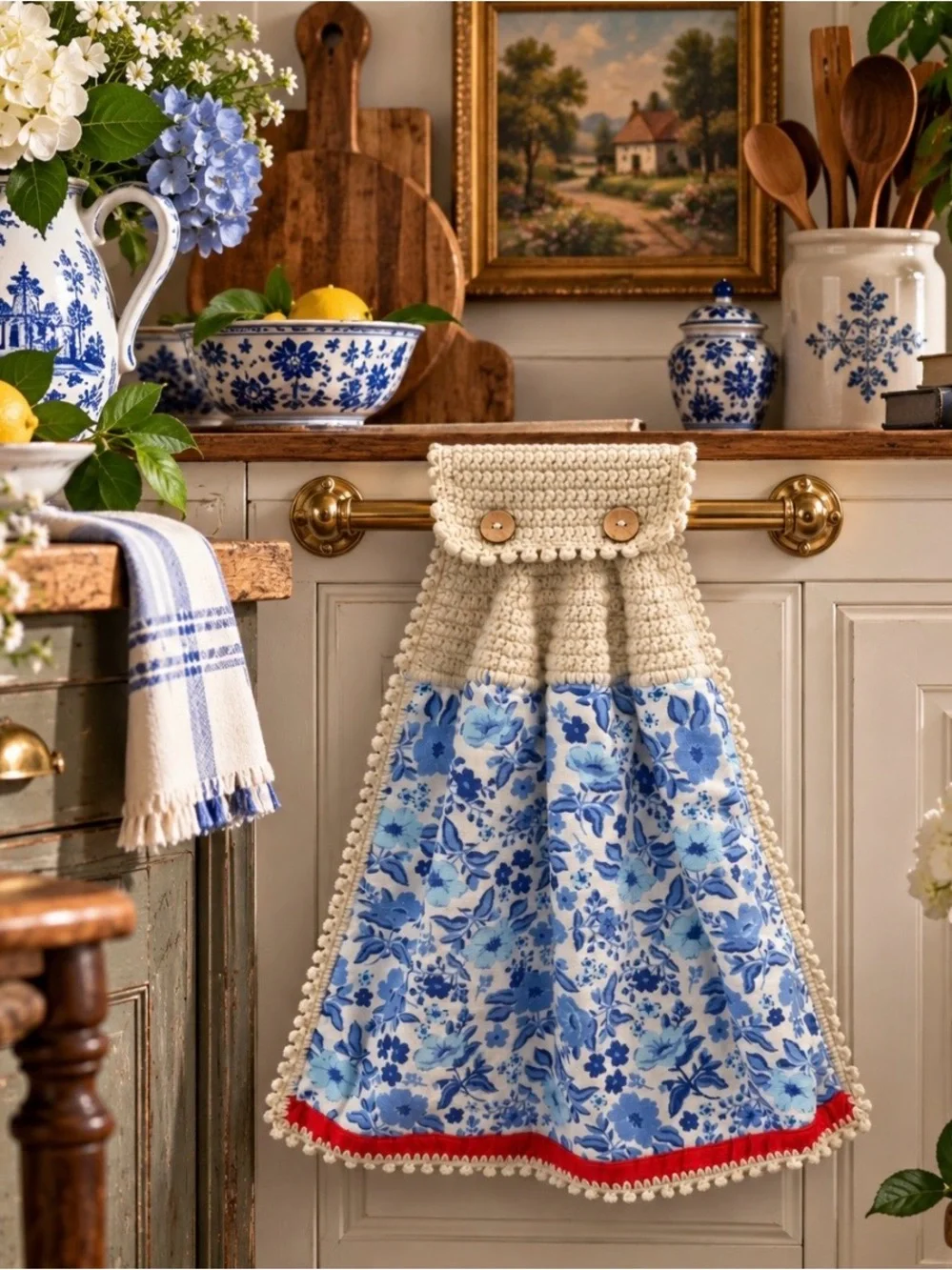 Pioneer Woman Handmade Crochet Hanging Kitchen Towel Blue Floral